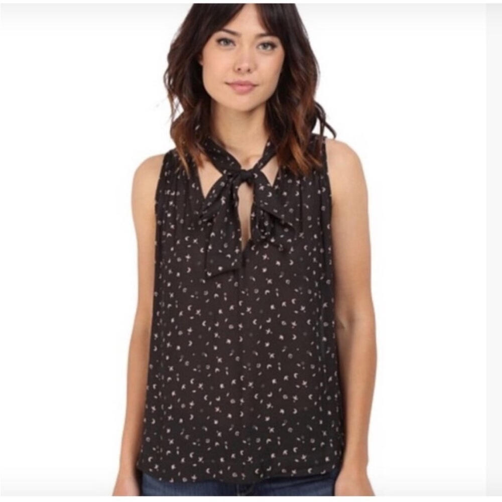 Free People Black Floral Sleeveless Blouse with Tie-Neck Bow Detail